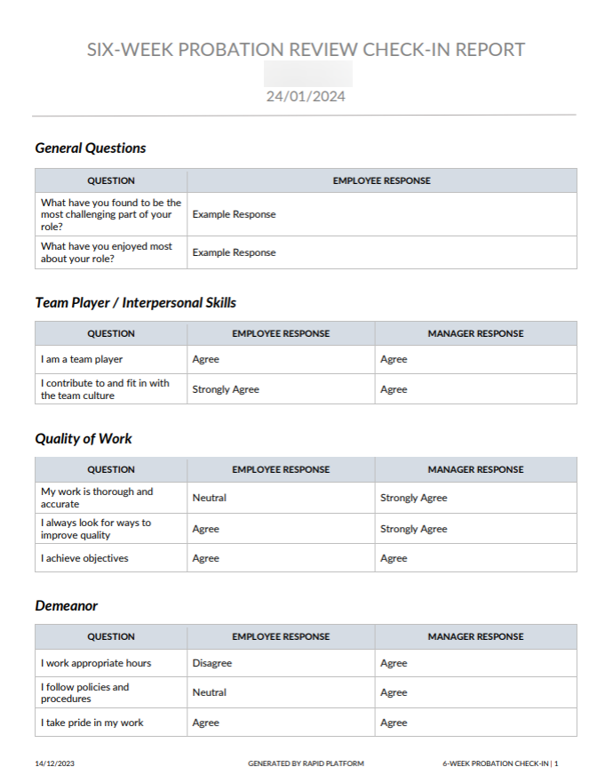 A screenshot of the six week probation review report